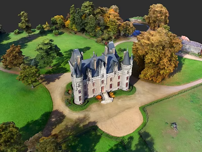 Aerial View Of Urban Architectural Complex With Castle Like Building Green Lawns And Trees 3d model