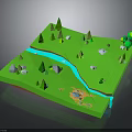 Green 3D Landscape Model With River Trees Stones And Small Lake