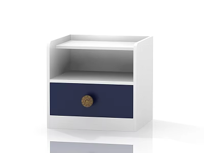 Modern Bedside Table With White Frame Open Shelf Navy Blue Drawer And Gold Knob 3d model