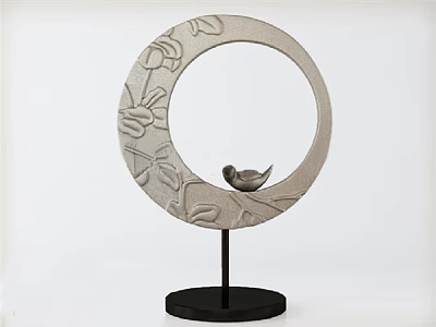 Circular Decorative Ornament Set With Carved Patterns And Small Bird On Black Base 3d model
