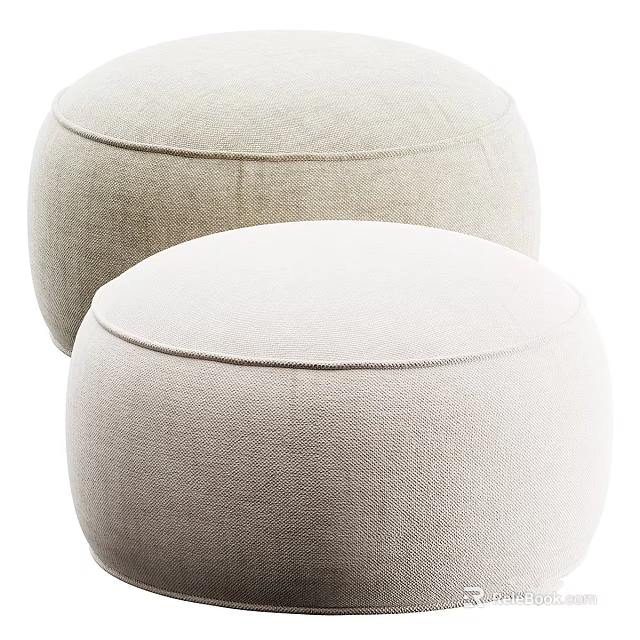 Two Beige Round Fabric Ottomans with Soft Surface for Modern Minimalist Home Decor 3d model 