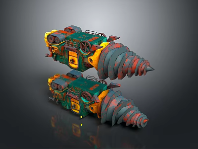 Two Mechanical Devices With Green Yellow Red Components Spiral Structures And Gear Details 3d model
