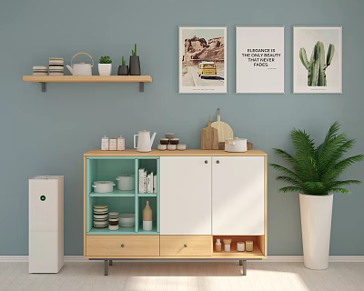 Modern Wooden White Sideboard With Storage And Decorative Teapot Mugs Plants And Wall Art 3d model