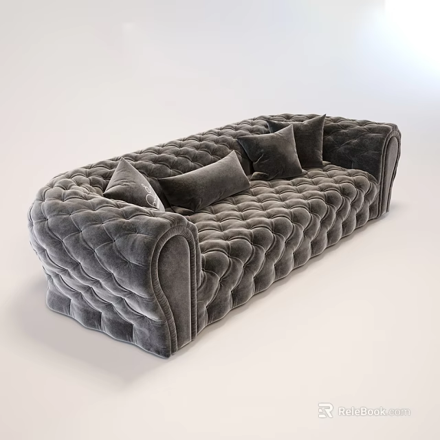 Gray Velvet Multi Person Sofa With Tufted Design And Decorative Cushions 3d model 