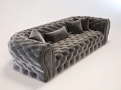Gray Velvet Multi Person Sofa With Tufted Design And Decorative Cushions 3d model