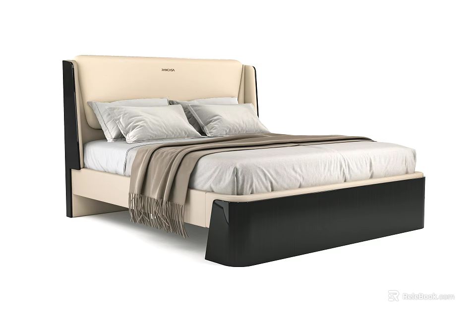 Modern Double Bed With Beige Black Headboard White Sheets And Gray Blanket Design 3d model