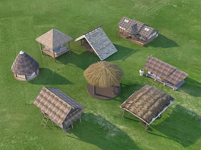 Different Shaped Pergolas with Thatch Roofs and Wooden Frames on Green Grassland 3d model
