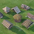 Different Shaped Pergolas with Thatch Roofs and Wooden Frames on Green Grassland 3d model