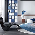 Modern Living Room Interior With White Sofa Blue Decor Circular Rug And Blue Bookshelf