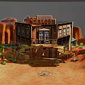Cartoon Scene of Western Saloon Wooden Building With Balcony Sign Desert Cacti and Red Rocks
