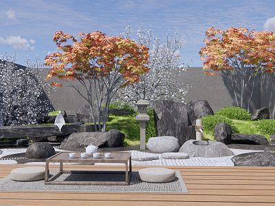 Japanese style landscape sketch dry landscape courtyard landscape Zen courtyard sketch stone rockery landscape tree red maple outdoor tatami tea table and chair model