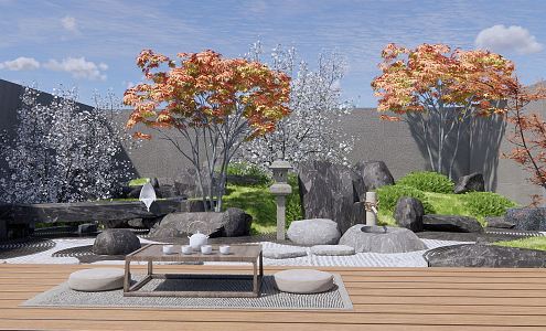 Japanese style landscape sketch dry landscape courtyard landscape Zen courtyard sketch stone rockery landscape tree red maple outdoor tatami tea table and chair 3d model