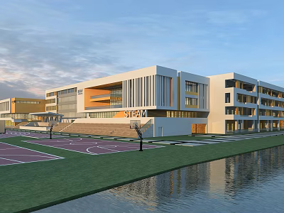 Modern School Building With Glass Windows Green Lawn Basketball Court Near Waterfront 3d model