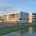 Modern School Building With Glass Windows Green Lawn Basketball Court Near Waterfront