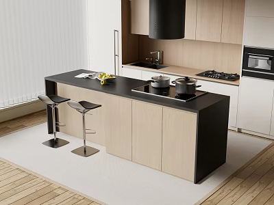 Modern Kitchen Bar With Wooden Cabinets Black Countertop And Metal Stools 3d model