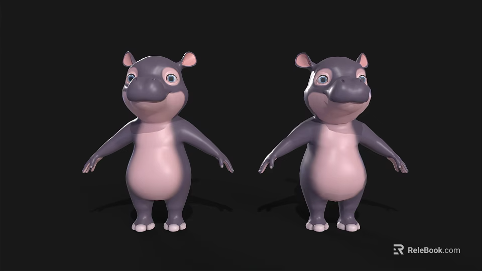 Cute Cartoon Hippo Characters With Pink Belly Gray Body And Standing Pose 3d model 