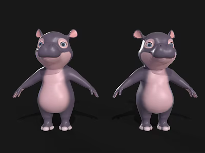 Cute Cartoon Hippo Characters With Pink Belly Gray Body And Standing Pose 3d model