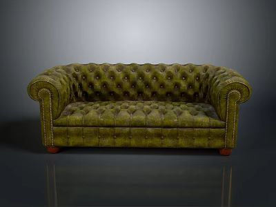 Classic Green Tufted Upholstered Sofa With Rolled Arms And Wooden Legs 3d model