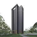 Modern High Rise Residential Building with Balconies Surrounded by Lush Trees and Blue Sky