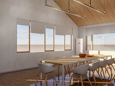Modern Conference Room Interior With Long Table White Chairs Large Windows And Wooden Ceiling 3d model