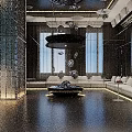 Modern Hotel Lobby With Blue LED Screens Bar Counter High Stools And Ambient Lighting