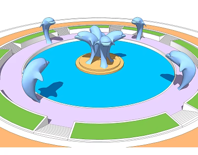 Round Dolphin Sculpture Fountain with Blue Pool Green Lawns and Purple Ground 3d model