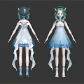 Anime Character With Green Hair White Hat And Blue White Gradient Dress Creature Design