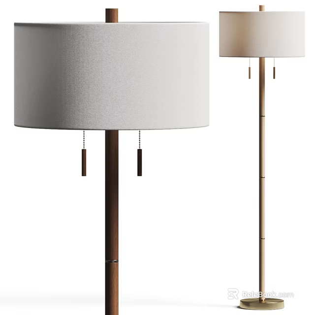 Modern Two Floor Lamps with White Linen Shades and Wooden Brass Poles 3d model 