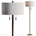 Modern Two Floor Lamps with White Linen Shades and Wooden Brass Poles