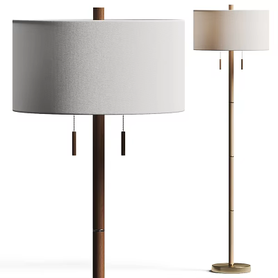 Modern Two Floor Lamps with White Linen Shades and Wooden Brass Poles 3d model