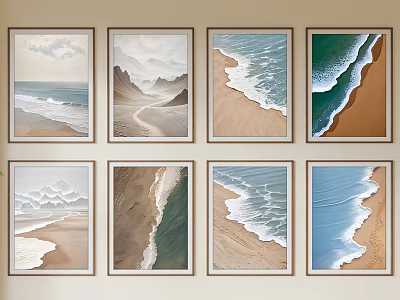 Eight Framed Abstract Paintings With Ocean Waves Sandy Beaches And Mountain Scenes On Wall 3d model