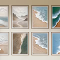 Eight Framed Abstract Paintings With Ocean Waves Sandy Beaches And Mountain Scenes On Wall