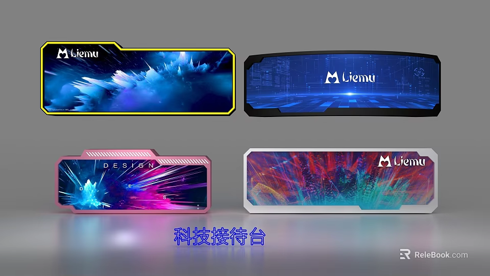 Futuristic Tech Reception Desk With Modern Design Menu Logo And Vibrant Backdrops 3d model 