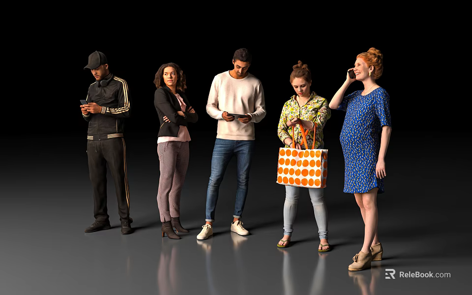 Diverse group of people standing together using smartphones carrying bag and talking on phone 3d model 