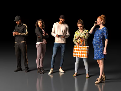 Diverse group of people standing together using smartphones carrying bag and talking on phone 3d model