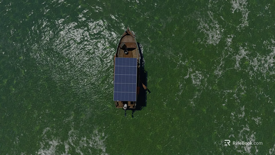 Small Boat With Solar Panel Floating On Green Water Surface 3d model