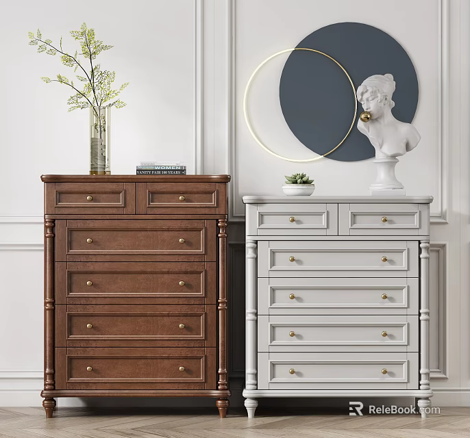 Brown And Gray Dressers With Golden Handles And Decorative Wall Art Sculpture Green Plant 3d model 