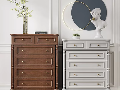 Brown And Gray Dressers With Golden Handles And Decorative Wall Art Sculpture Green Plant 3d model