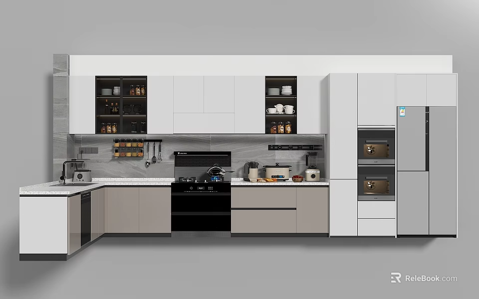 Modern Kitchen Interior With White Gray Cabinets Black Stove Light Countertop Refrigerator And Oven 3d model 