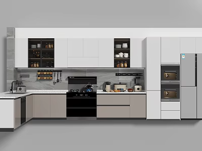 Modern Kitchen Interior With White Gray Cabinets Black Stove Light Countertop Refrigerator And Oven 3d model
