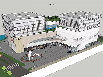 Modern Commercial Complex With Glass Curtain Walls Pedestrian Plaza And Central Fountain Design 3d model