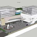 Modern Commercial Complex With Glass Curtain Walls Pedestrian Plaza And Central Fountain Design