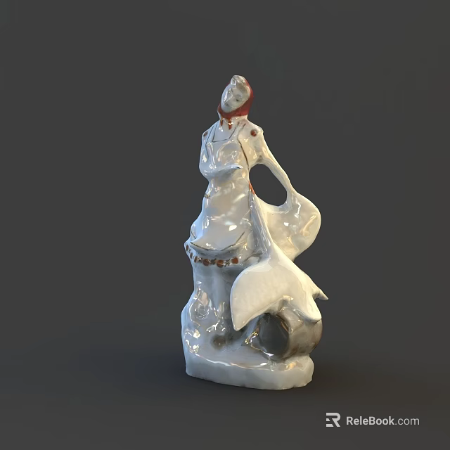 Traditional Style Ceramic Decorative Ornament Set With Female Figure And Red Accents 3d model 