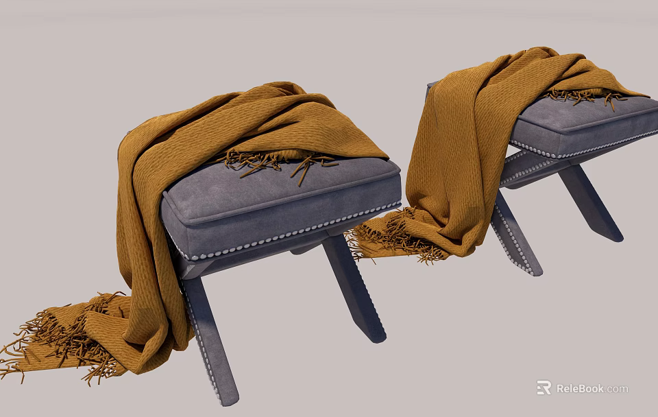 Modern Sofa Stools With Gray Cushioned Seat Yellow Knit Blanket And Dark Wood Legs 3d model 