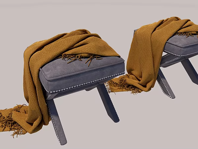 Modern Sofa Stools With Gray Cushioned Seat Yellow Knit Blanket And Dark Wood Legs 3d model