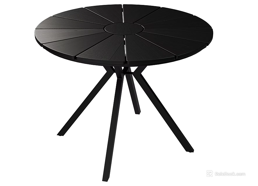 Modern Black Round Coffee Table With Radial Slat Top And Sturdy Sleek Metal Legs 3d model 