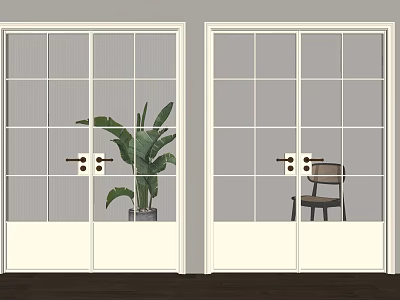 White Frame Glass Grid Double Doors With Indoor Plant And Chair In Room 3d model