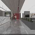 Modern Restaurant Interior With Marble Front Desk Wooden Ceiling Red Walls And Green Plants