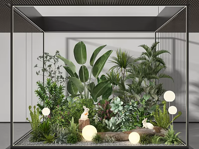 Indoor Plant Display With Glass Case Greenery Large Leaves Succulents Rabbit Figurines Glowing Lights 3d model