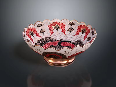 Decorative Household Bowl With Red And Black Floral Patterns Scalloped Edge And Copper Base 3d model